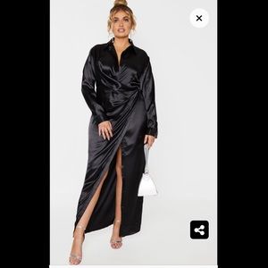 PLT Plus Black Satin Drape Split Shirt Dress